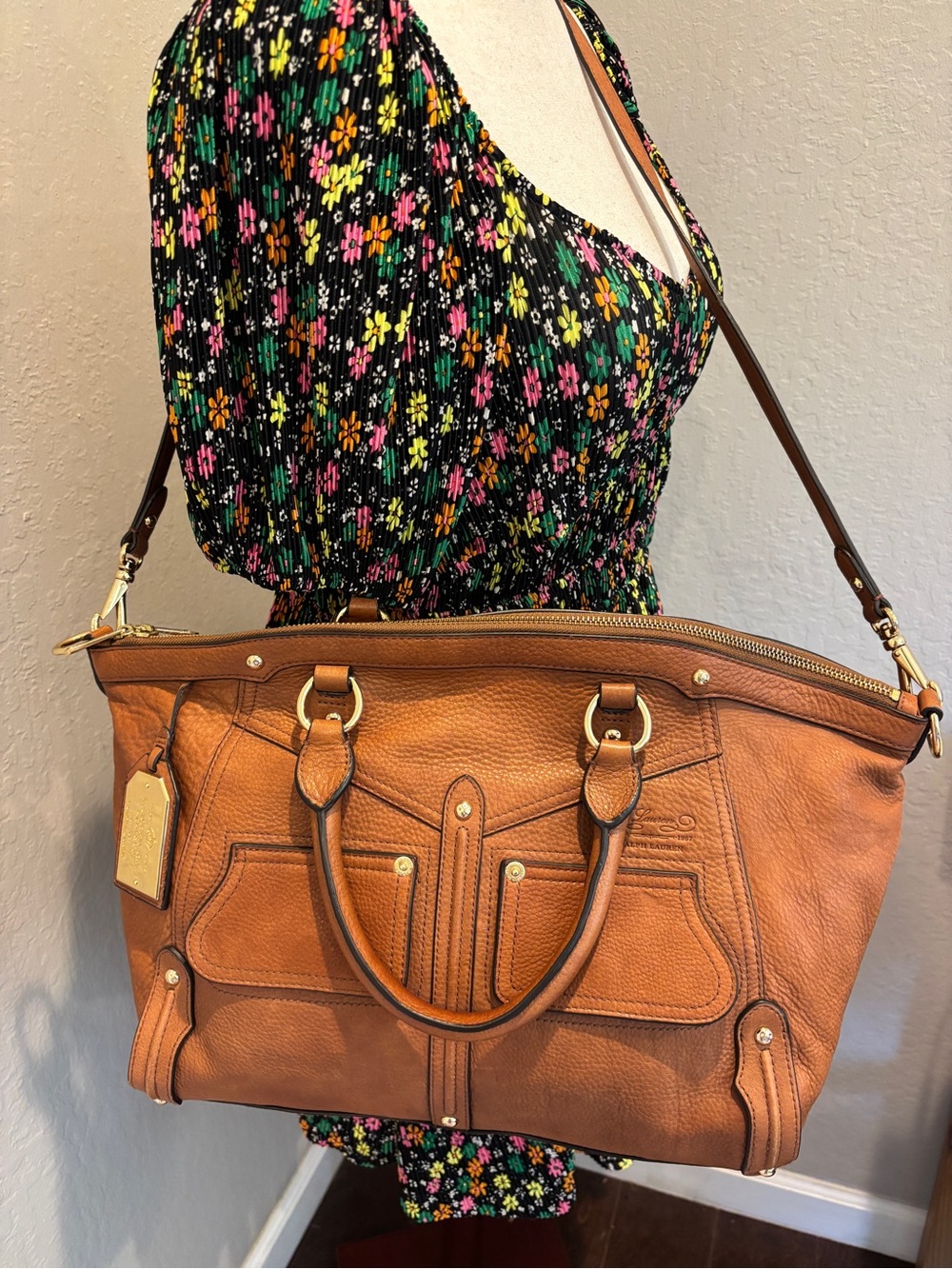 Lauren Ralph Lauren Cognac Pebbled Leather Large Satchel Shoulder Bag